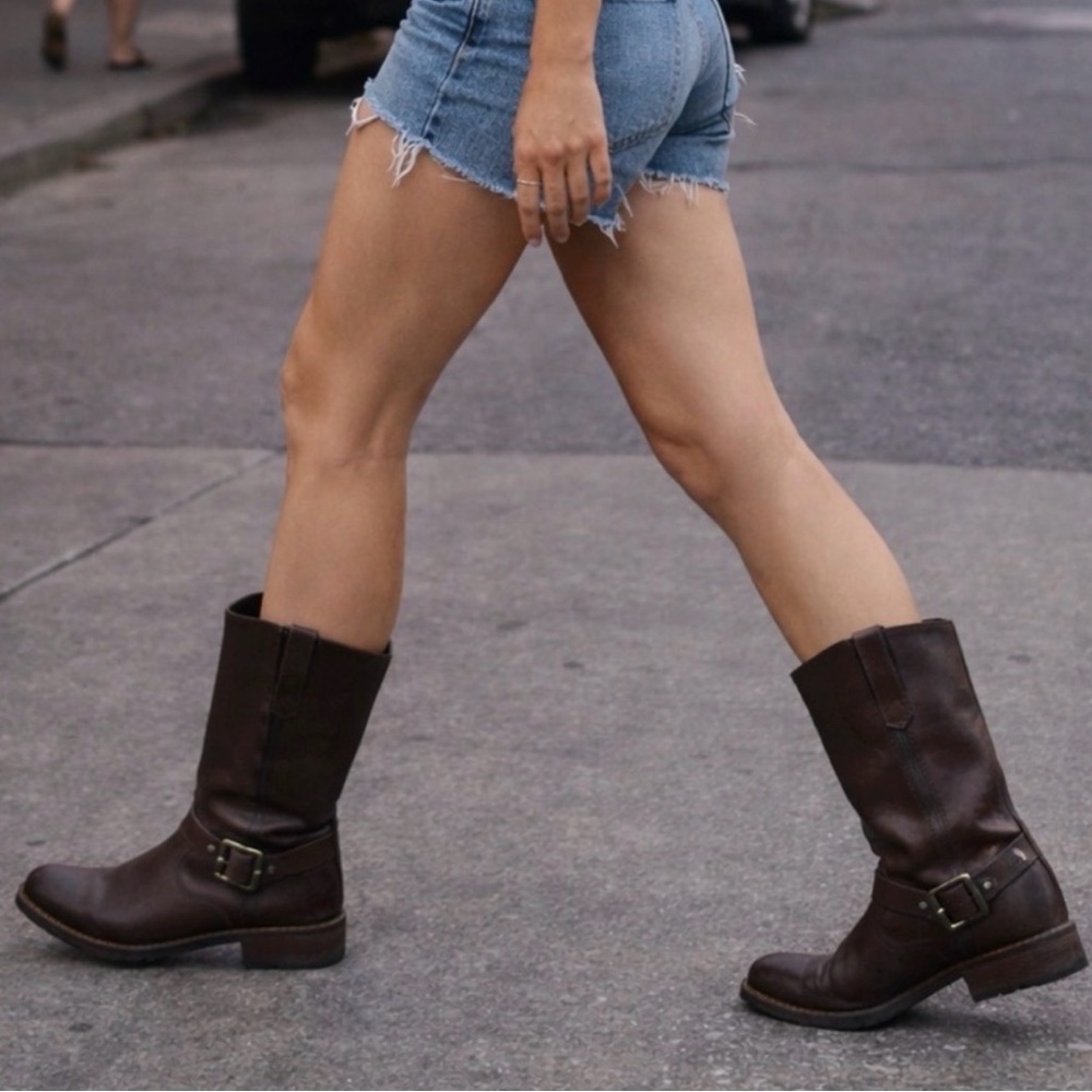 FRYE Martina Lthr Engineer Harness Buckle Boots dark brown boho moto boho WMN 9